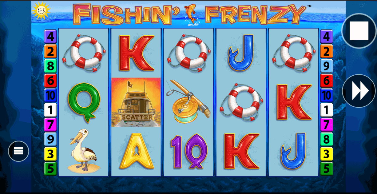 Fishin' Frenzy free games control panel view: the fisherman wild working the blue underwater reels among tagged fish, sunlight beams above and the boat scatter lit gold.